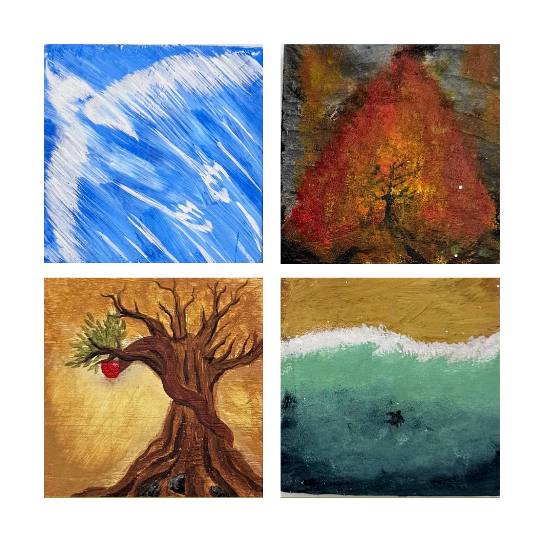 Original artwork, Dumaguete City, Negros Oriental, Philippines, Filipino artist, acrylic, canvas, mini artwork, authentic, wall decor, gift, nature art, creative, tourist, Pinspired Art Gallery, MICRA Art Show, four-piece set, blue sky, autumn tree, apple tree, ocean wave