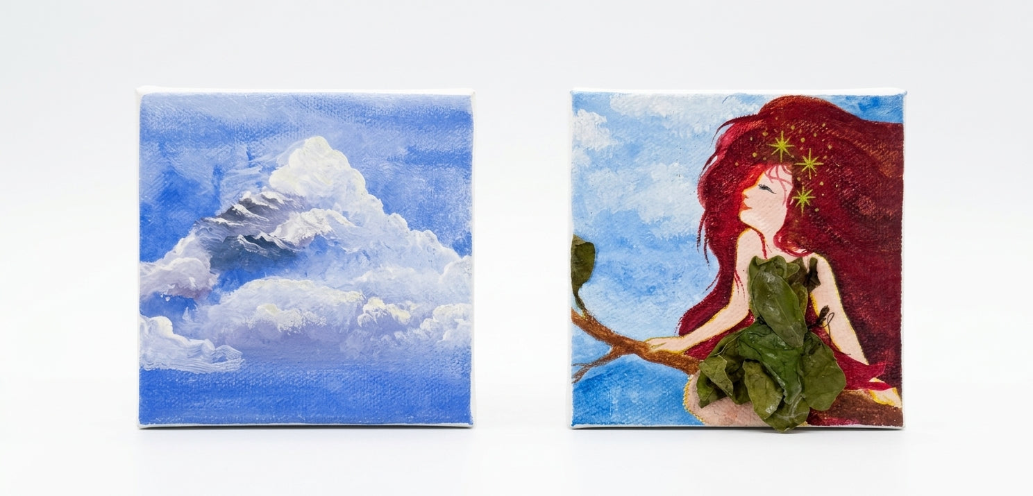 Original Artworks, Arzelle Sun, Micra, Acrylic On Wood And Canvas, Nature, Human cloud, Red hair, Sky 4x4 Size,blue, Leaves, 