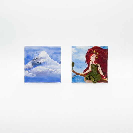 Original Artworks, Arzelle Sun, Micra, Acrylic On Wood And Canvas, Nature, Human cloud, Red hair, Sky 4x4 Size,blue, Leaves, 
