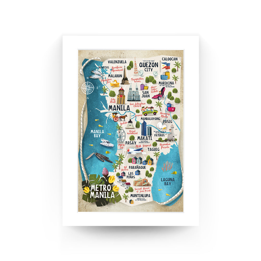 illustrated philippines pasalubong pinoy wall decor art print quezon taguig muntinlupa mandaluyong caloocan navotas makati paranaque las pinas pasig san juan malabon valenzuela pateros pasay wall decor decoration tourist room office children's activity colourful tropic design art pinoy style framing frame framed, mat board, Pinspired Art Souvenirs