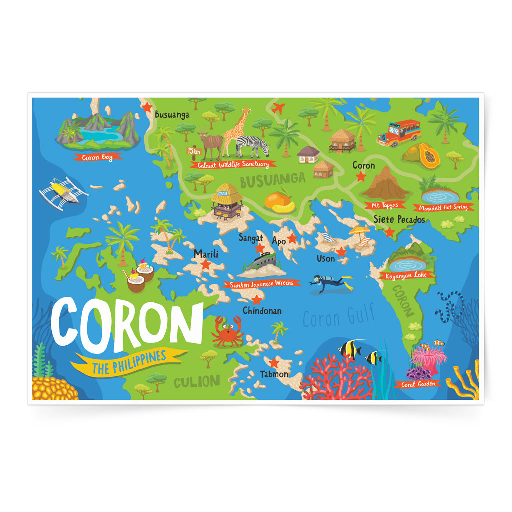 Coron Island Palawan Busuanga Bay Coral Reef Diving Colourful map illustration kid children's room decor wall Philippines idea decoration