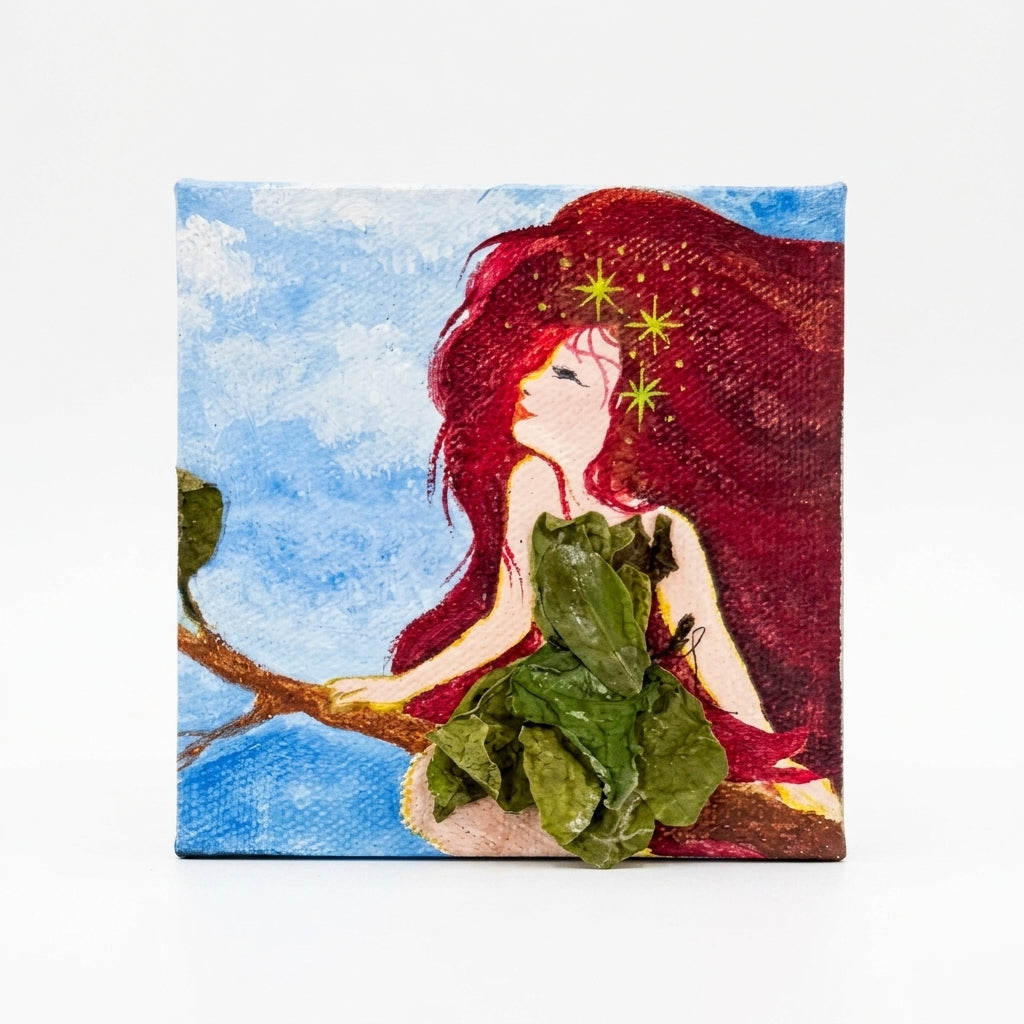 Original Artworks, Arzelle Sun, Micra, Acrylic On Wood And Canvas, Nature, Human cloud, Red hair, Sky 4x4 Size,blue, Leaves, 