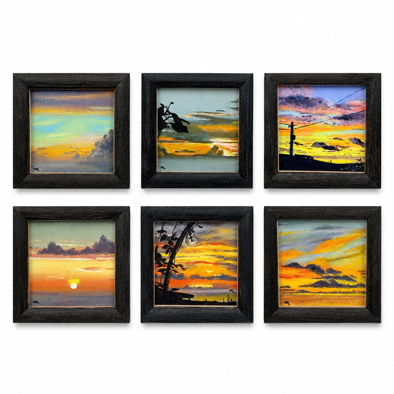 Original artwork, Dumaguete City, Negros Oriental, Philippines, Filipino artist Meream Pacayra, acrylic on canvas, framed mini artwork, authentic, wall decor, gift, landscape art, sunrise, sunset, first light, golden hour, colorful sky, glowing horizon, clouds, mountains, ocean, silhouettes, tree branches, peaceful scenery, nature art, atmospheric painting, warm colors, creative, tourist, Pinspired Art Gallery, MICRA Art Show.