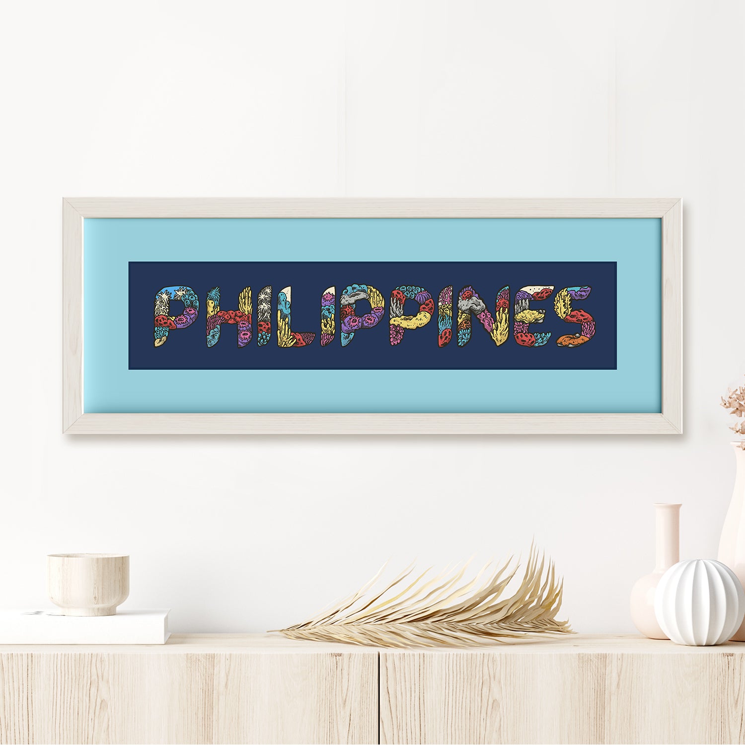 PH Philippines Filipino Letters Lettering Coral Artwork underwater artist artistic artsy artful home decoration decor gift idea beautiful finding house airbnb office sealife sea life ocean vibrant vibes dark navy blue background framed framing frame