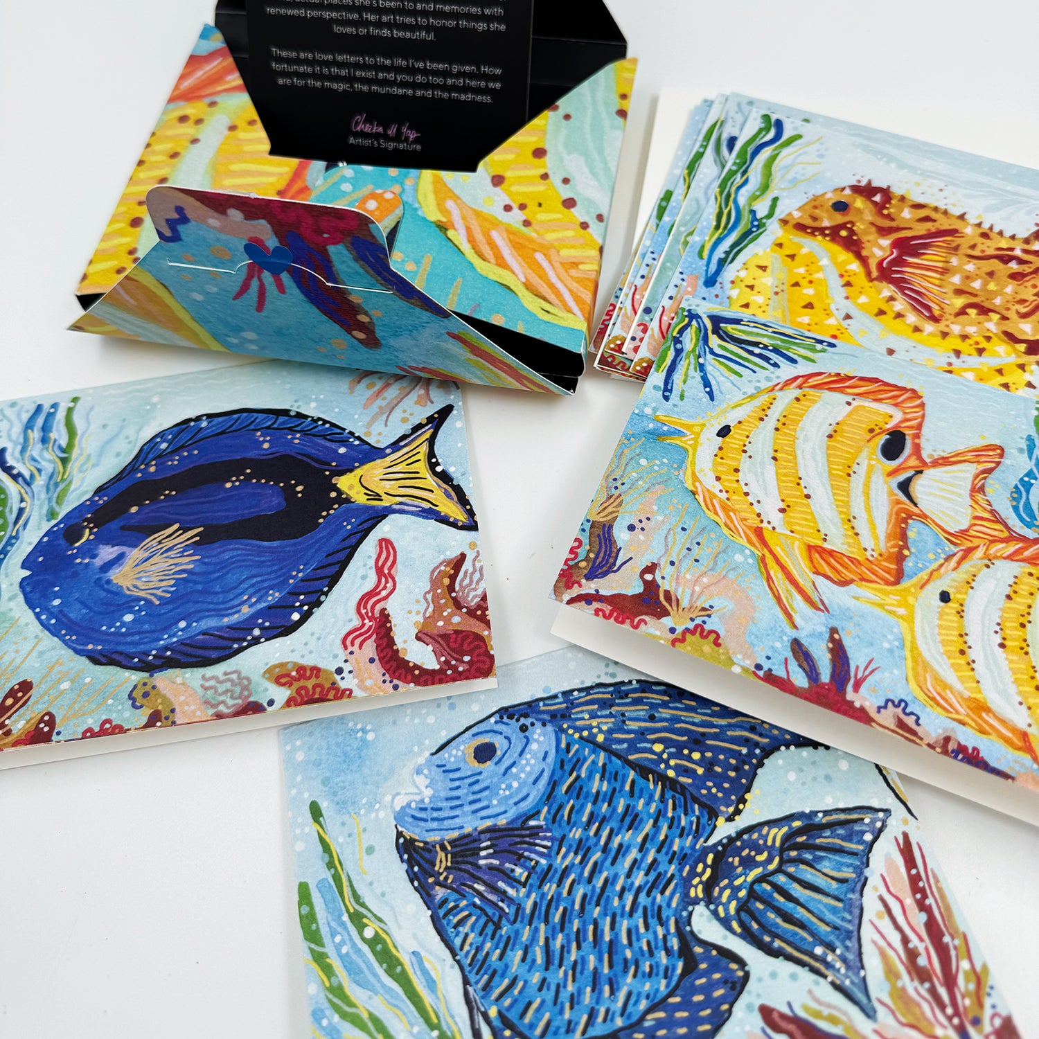 coral fish, corals, art, illustration, handmade, Chezka M Yap, artist, Cebu, Filipino, Philippines, artsy, artistic, gift, box, greeting, card, envelopes, set, tourist,  underwater, snorkeling, diving, colorful, cute, fishes, box