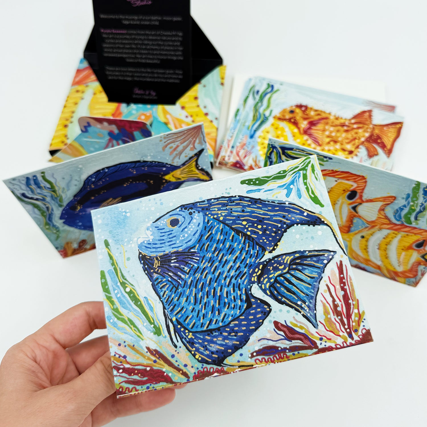 coral fish, corals, art, illustration, handmade, Chezka M Yap, artist, Cebu, Filipino, Philippines, artsy, artistic, gift, box, greeting, card, envelopes, set, tourist,  underwater, snorkeling, diving, colorful, cute, fishes