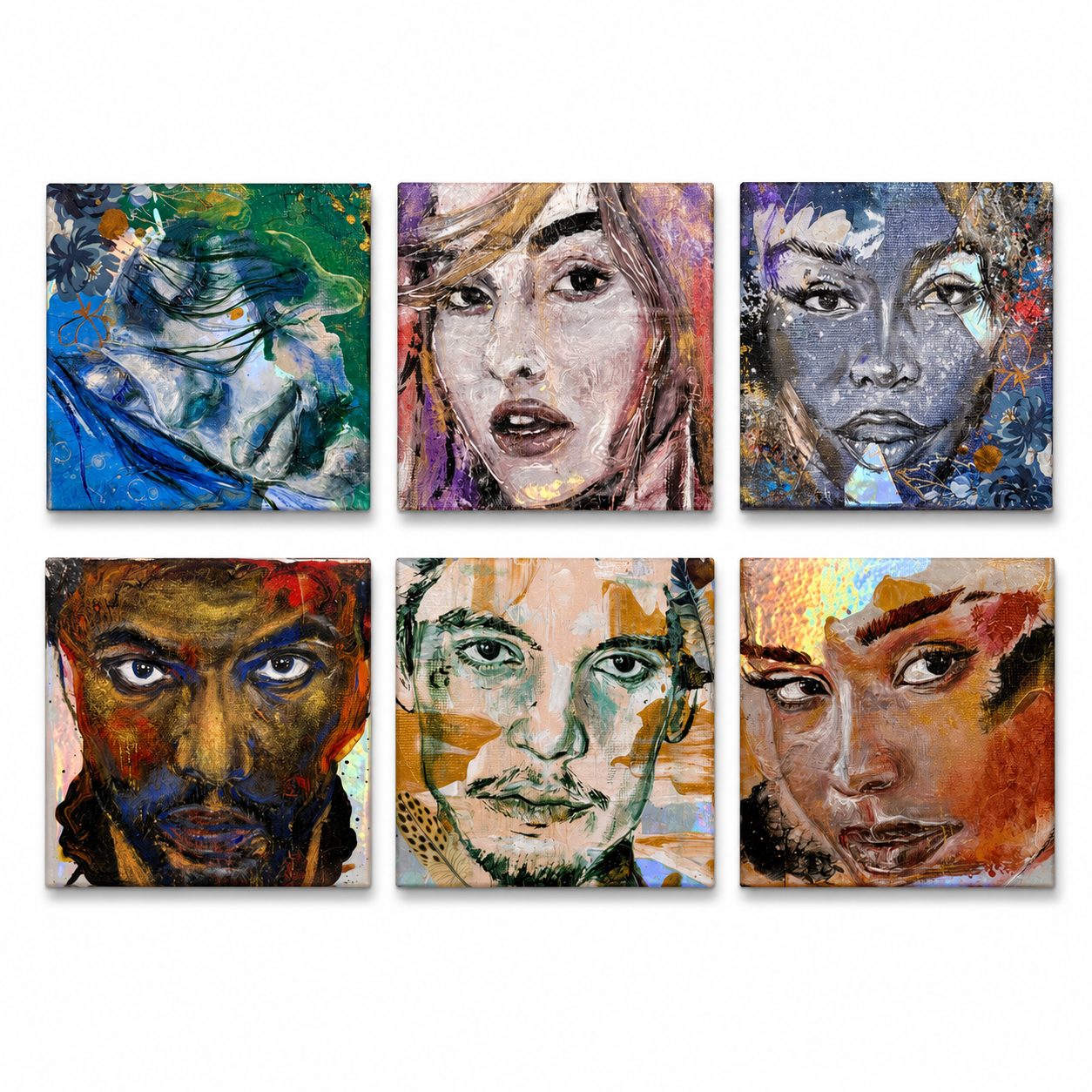 Original artwork, Dumaguete City, Negros Oriental, Philippines, Filipino artist, RJ Gajetos, mixed-media art, canvas, contemporary portrait art, authentic, wall decor, gift, expressive faces, colorful portraits, bold brushstrokes, textured artwork, blue, green, purple, orange, and earthy tones, floral details, abstract textures, Pinspired Art Gallery, MICRA Art Show, Harmony in Hues.