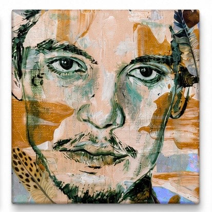 Original artwork, Dumaguete City, Negros Oriental, Philippines, Filipino artist, RJ Gajetos, mixed-media art, canvas, contemporary portrait art, authentic, wall decor, gift, expressive faces, colorful portraits, bold brushstrokes, textured artwork, blue, green, purple, orange, and earthy tones, floral details, abstract textures, Pinspired Art Gallery, MICRA Art Show, Harmony in Hues.