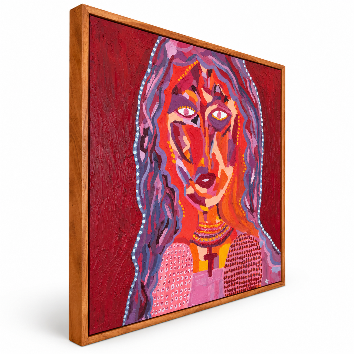 Oil paint, textured, Girl, Filipina, original artwork, Dumaguete artist, red, pink, orange, purple, cross, portrait, Pinspired Art Gallery