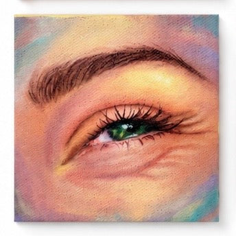 Original artwork by Skye Benito featuring expressive eyes and dreamy skies, vibrant colors, soft textures, colorful contemporary art, mixed media canvas, Filipino artist, emotional artwork, abstract textures, pink, blue, purple, green, gold, and orange tones, wall decor, Harmony in Hues.
