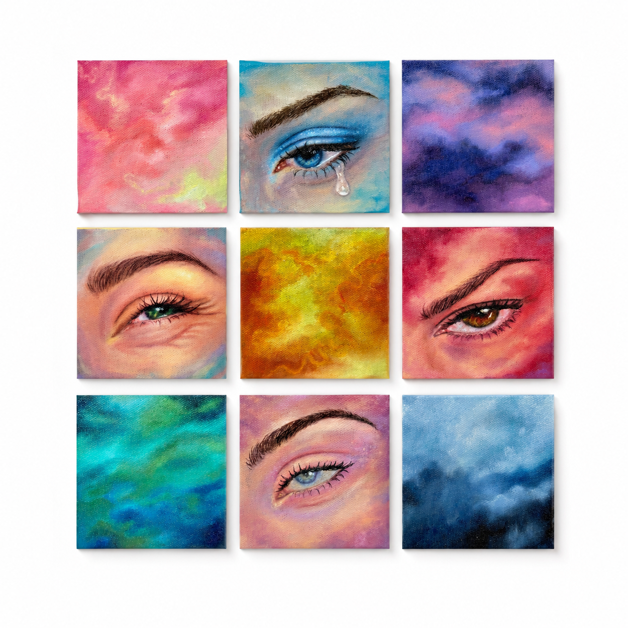 Original artwork by Skye Benito featuring expressive eyes and dreamy skies, vibrant colors, soft textures, colorful contemporary art, mixed media canvas, Filipino artist, emotional artwork, abstract textures, pink, blue, purple, green, gold, and orange tones, wall decor, Harmony in Hues.
