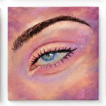 Original artwork by Skye Benito featuring expressive eyes and dreamy skies, vibrant colors, soft textures, colorful contemporary art, mixed media canvas, Filipino artist, emotional artwork, abstract textures, pink, blue, purple, green, gold, and orange tones, wall decor, Harmony in Hues.