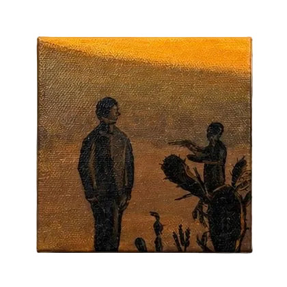 Original artwork, Dumaguete City, Negros Oriental, Philippines, Filipino artist Jude Millares, acrylic on canvas, mini artwork, authentic, wall decor, gift, sunset, golden tones, dark silhouettes, dragons, mythical creatures, ravens, birds, campfire, gathering, mysterious figures, fantasy art, nature, storytelling, Pinspired Art Gallery, MICRA Art Show.