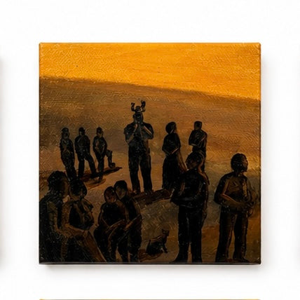 Original artwork, Dumaguete City, Negros Oriental, Philippines, Filipino artist Jude Millares, acrylic on canvas, mini artwork, authentic, wall decor, gift, sunset, golden tones, dark silhouettes, dragons, mythical creatures, ravens, birds, campfire, gathering, mysterious figures, fantasy art, nature, storytelling, Pinspired Art Gallery, MICRA Art Show.