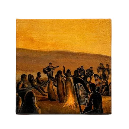 Original artwork, Dumaguete City, Negros Oriental, Philippines, Filipino artist Jude Millares, acrylic on canvas, mini artwork, authentic, wall decor, gift, sunset, golden tones, dark silhouettes, dragons, mythical creatures, ravens, birds, campfire, gathering, mysterious figures, fantasy art, nature, storytelling, Pinspired Art Gallery, MICRA Art Show.