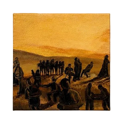 Original artwork, Dumaguete City, Negros Oriental, Philippines, Filipino artist Jude Millares, acrylic on canvas, mini artwork, authentic, wall decor, gift, sunset, golden tones, dark silhouettes, dragons, mythical creatures, ravens, birds, campfire, gathering, mysterious figures, fantasy art, nature, storytelling, Pinspired Art Gallery, MICRA Art Show.