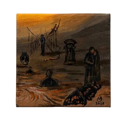 Original artwork, Dumaguete City, Negros Oriental, Philippines, Filipino artist Jude Millares, acrylic on canvas, mini artwork, authentic, wall decor, gift, sunset, golden tones, dark silhouettes, dragons, mythical creatures, ravens, birds, campfire, gathering, mysterious figures, fantasy art, nature, storytelling, Pinspired Art Gallery, MICRA Art Show.