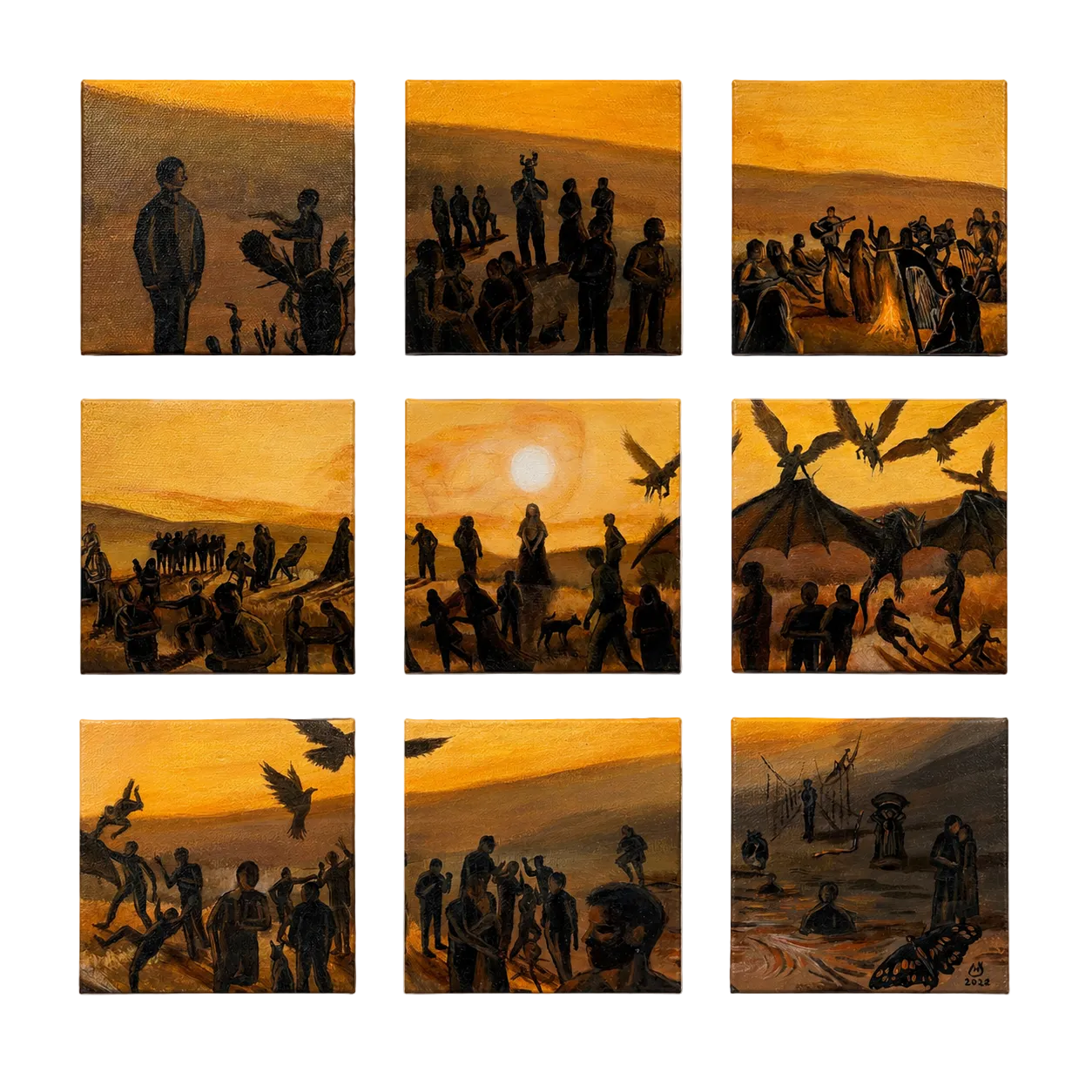 Original artwork, Dumaguete City, Negros Oriental, Philippines, Filipino artist Jude Millares, acrylic on canvas, mini artwork, authentic, wall decor, gift, sunset, golden tones, dark silhouettes, dragons, mythical creatures, ravens, birds, campfire, gathering, mysterious figures, fantasy art, nature, storytelling, Pinspired Art Gallery, MICRA Art Show.