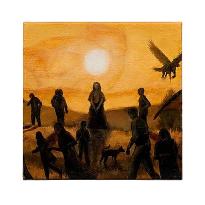 Original artwork, Dumaguete City, Negros Oriental, Philippines, Filipino artist Jude Millares, acrylic on canvas, mini artwork, authentic, wall decor, gift, sunset, golden tones, dark silhouettes, dragons, mythical creatures, ravens, birds, campfire, gathering, mysterious figures, fantasy art, nature, storytelling, Pinspired Art Gallery, MICRA Art Show.
