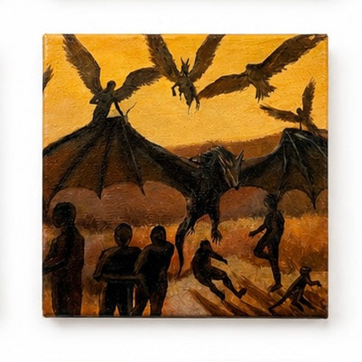 Original artwork, Dumaguete City, Negros Oriental, Philippines, Filipino artist Jude Millares, acrylic on canvas, mini artwork, authentic, wall decor, gift, sunset, golden tones, dark silhouettes, dragons, mythical creatures, ravens, birds, campfire, gathering, mysterious figures, fantasy art, nature, storytelling, Pinspired Art Gallery, MICRA Art Show.