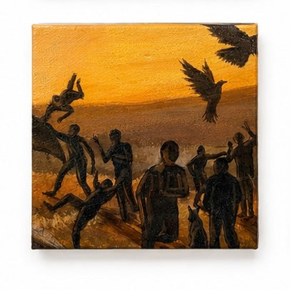 Original artwork, Dumaguete City, Negros Oriental, Philippines, Filipino artist Jude Millares, acrylic on canvas, mini artwork, authentic, wall decor, gift, sunset, golden tones, dark silhouettes, dragons, mythical creatures, ravens, birds, campfire, gathering, mysterious figures, fantasy art, nature, storytelling, Pinspired Art Gallery, MICRA Art Show.