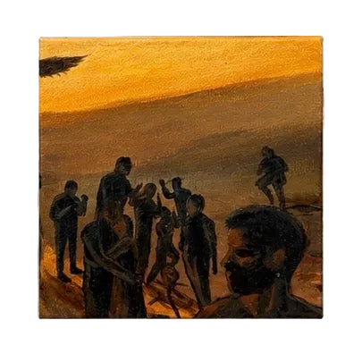Original artwork, Dumaguete City, Negros Oriental, Philippines, Filipino artist Jude Millares, acrylic on canvas, mini artwork, authentic, wall decor, gift, sunset, golden tones, dark silhouettes, dragons, mythical creatures, ravens, birds, campfire, gathering, mysterious figures, fantasy art, nature, storytelling, Pinspired Art Gallery, MICRA Art Show.