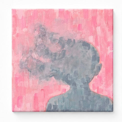 Original artwork by Yomi, Dumaguete City, Negros Oriental, Philippines, Filipino artist, acrylic on canvas, mini artwork, authentic, abstract figurative art, human silhouettes, profile, raised hand, self-expression, emotions, identity, inner journey, self-discovery, pink, teal, blue, and yellow artwork, creative art, wall decor, gift, tourist art, Pinspired Art Gallery, MICRA Art Show, Journey Like a Pilgrim.
