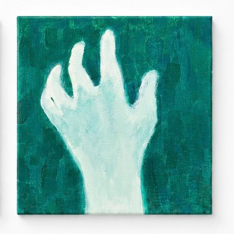 Original artwork by Yomi, Dumaguete City, Negros Oriental, Philippines, Filipino artist, acrylic on canvas, mini artwork, authentic, abstract figurative art, human silhouettes, profile, raised hand, self-expression, emotions, identity, inner journey, self-discovery, pink, teal, blue, and yellow artwork, creative art, wall decor, gift, tourist art, Pinspired Art Gallery, MICRA Art Show, Journey Like a Pilgrim.