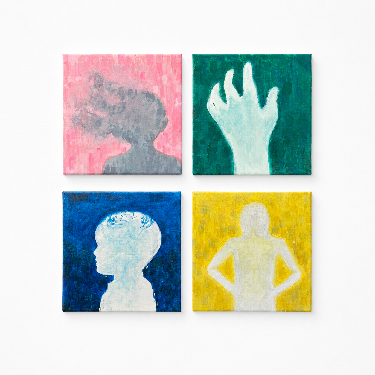 Original artwork by Yomi, Dumaguete City, Negros Oriental, Philippines, Filipino artist, acrylic on canvas, mini artwork, authentic, abstract figurative art, human silhouettes, profile, raised hand, self-expression, emotions, identity, inner journey, self-discovery, pink, teal, blue, and yellow artwork, creative art, wall decor, gift, tourist art, Pinspired Art Gallery, MICRA Art Show, Journey Like a Pilgrim.