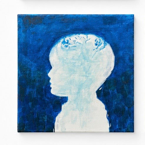 Original artwork by Yomi, Dumaguete City, Negros Oriental, Philippines, Filipino artist, acrylic on canvas, mini artwork, authentic, abstract figurative art, human silhouettes, profile, raised hand, self-expression, emotions, identity, inner journey, self-discovery, pink, teal, blue, and yellow artwork, creative art, wall decor, gift, tourist art, Pinspired Art Gallery, MICRA Art Show, Journey Like a Pilgrim.