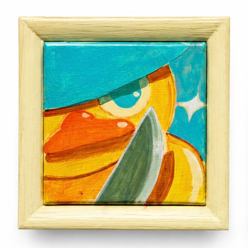 Original artwork, Dumaguete City, Negros Oriental, Philippines, Filipino artist Moshi Dokyo, acrylic on canvas, mini artwork, authentic, wall decor, gift, colorful art, duck art, cartoon duck, yellow duck, playful characters, whimsical art, bold colors, teal blue, orange and yellow, expressive faces, creative, tourist, Pinspired Art Gallery, MICRA Art Show.