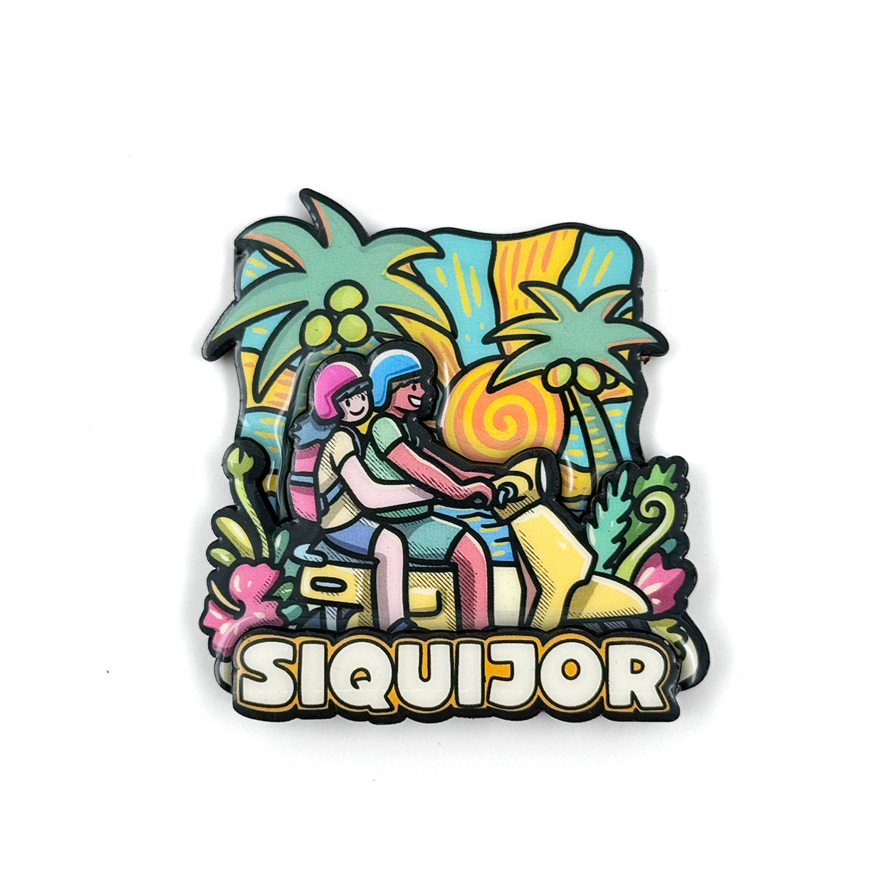 island, vibes, colorful, cute, sticker, Moshi Dokyo, illustration, art, Gentle People, Dumaguete City, Negros Oriental, Philippines, Filipino, art scene, Pinspired Art Souvenirs, motorcycle, tourist, collectible, gift, Siquijor, gift idea, cute, fridge magnet, motocycle, characters