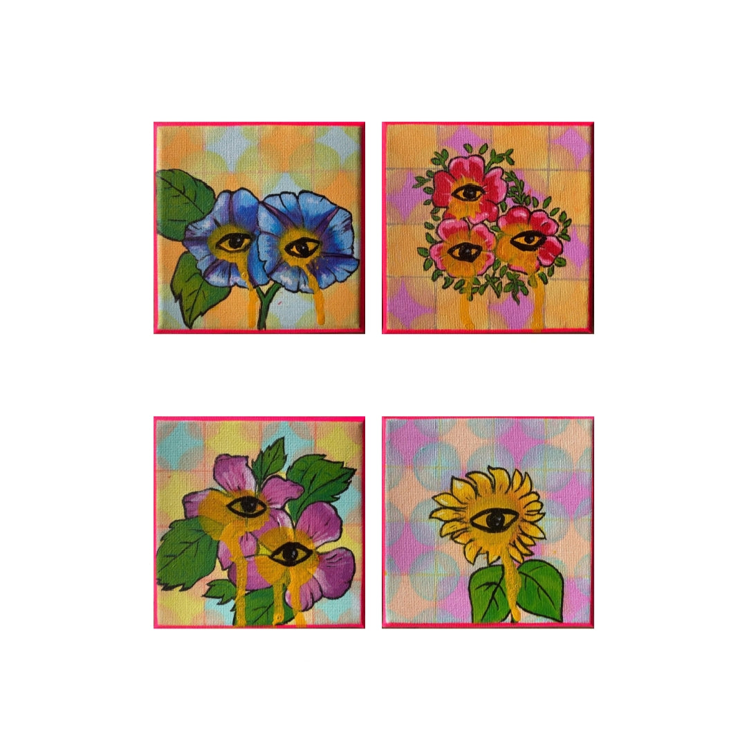 Original Artworks, Dumaguete city, Dumaguete artist, Acrilic on Canvas, micra 2026, flawors, gift, nature, eyes, pink, Yellow, small square, size 4x4, 
