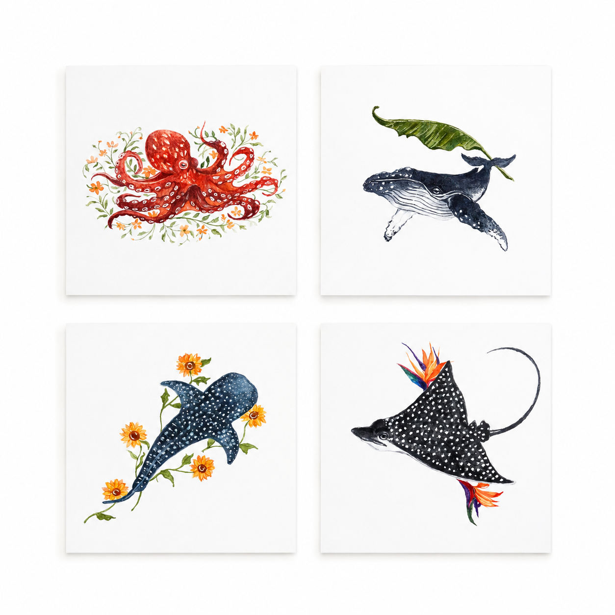 Original artwork, Dumaguete City, Negros Oriental, Philippines, Filipino artist Kat Banay, watercolor, paper art, mini artwork, authentic, wall decor, gift, ocean art, marine life, octopus, humpback whale, whale shark, manta ray, tropical flowers, sunflowers, sea creatures, underwater nature, ocean-inspired art, creative, tourist, Pinspired Art Gallery, MICRA Art Show.