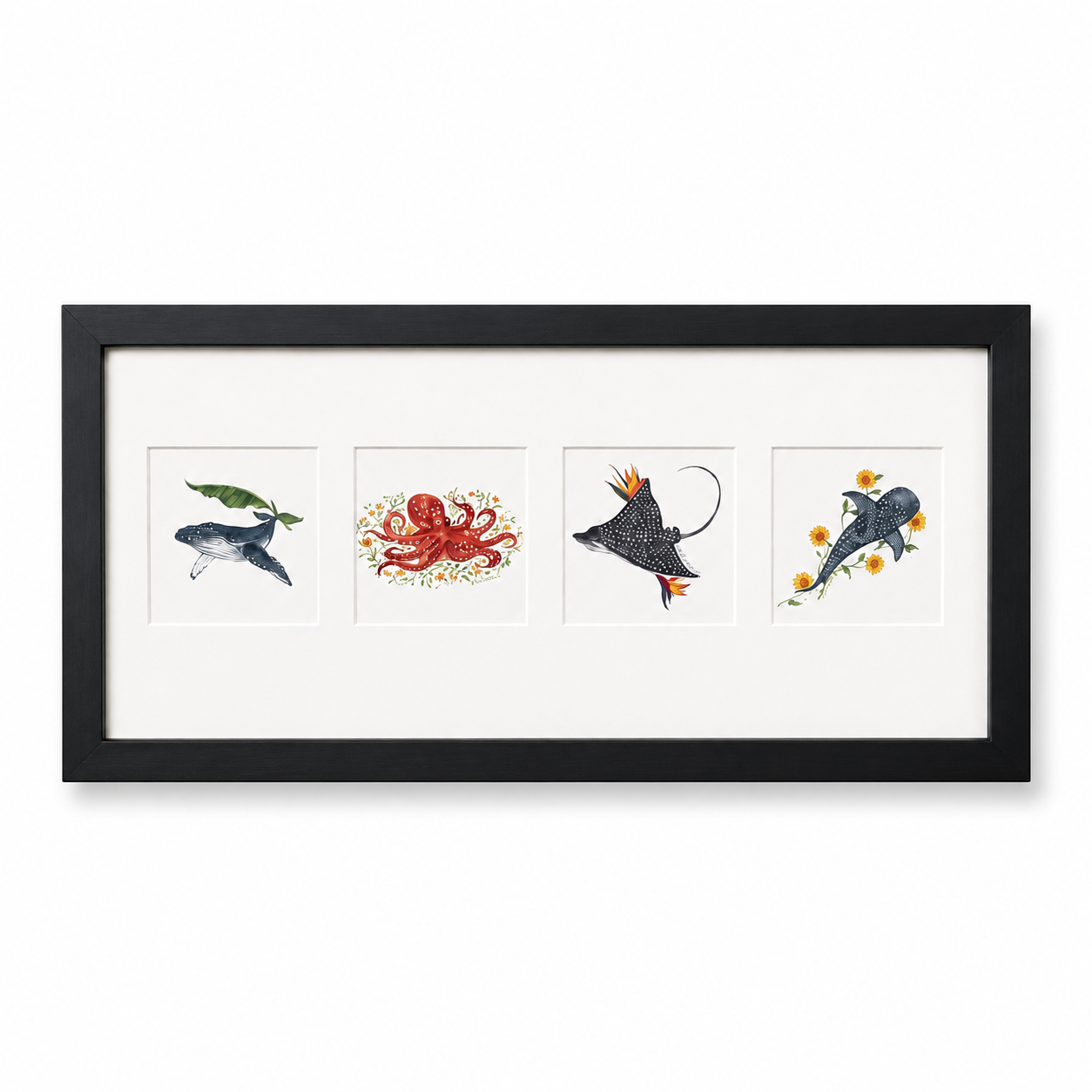 Original artwork, Dumaguete City, Negros Oriental, Philippines, Filipino artist Kat Banay, watercolor, paper art, mini artwork, authentic, wall decor, gift, ocean art, marine life, octopus, humpback whale, whale shark, manta ray, tropical flowers, sunflowers, sea creatures, underwater nature, ocean-inspired art, creative, tourist, Pinspired Art Gallery, MICRA Art Show.