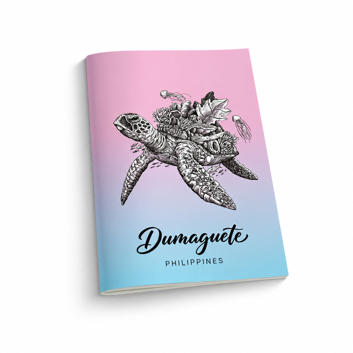 black and white pen and ink, illustration, Angelo Delos Santos, green sea turtle, underwater, coral protection, pink, cute, art, Dumaguete, local, Philippines, sea, ocean, wildlife, jellyfish, dive, diver, divers, tourist