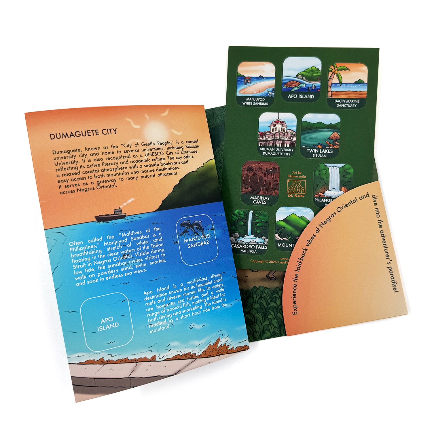 Folder, Pocket, Souvenir, Idea, Gift, Tourist, Travel, Philippines, Filipino Art, Negros Oriental, Silliman University, Dauin Marine Sanctuary, Manjuyod White Sandbar, Casaroro Falls, Pulangbato Falls, Mabinay Caves, Twin Lakes, Lake Balanan, Mount Talinis, Apo Island, Sibulan, Siaton, Bais, Valencia, Dauin, Province, Visaya, Collectible, Trip game, Cil Flores, illustrated, illustration