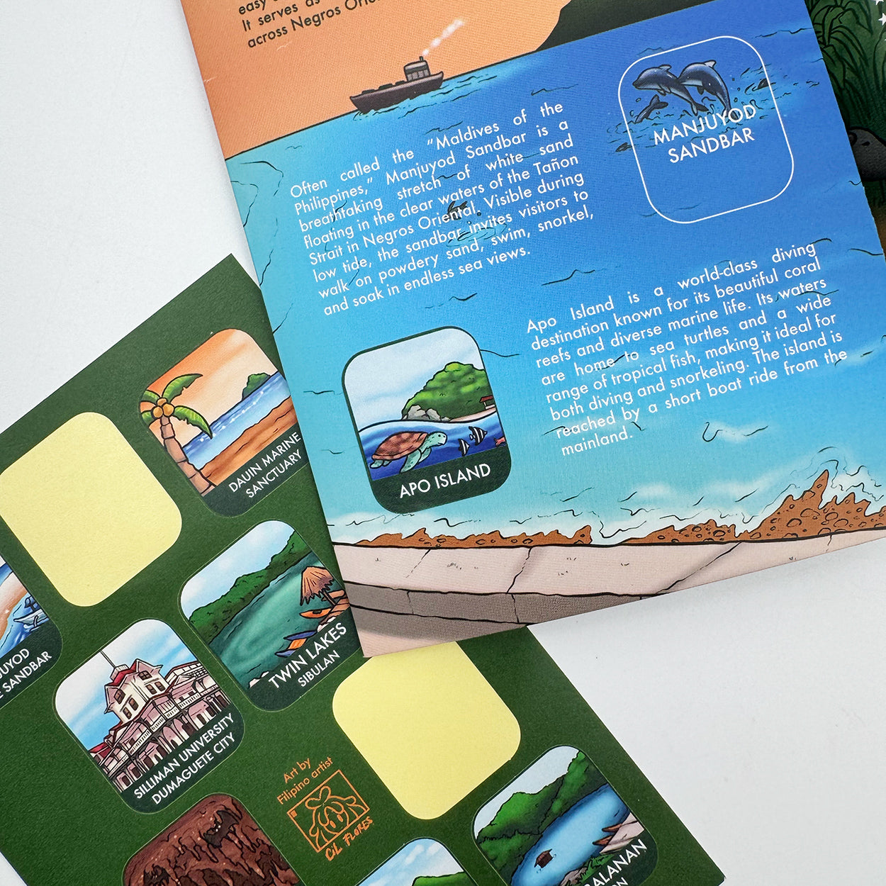 Folder, Pocket, Souvenir, Idea, Gift, Tourist, Travel, Philippines, Filipino Art, Negros Oriental, Silliman University, Dauin Marine Sanctuary, Manjuyod White Sandbar, Casaroro Falls, Pulangbato Falls, Mabinay Caves, Twin Lakes, Lake Balanan, Mount Talinis, Apo Island, Sibulan, Siaton, Bais, Valencia, Dauin, Province, Visaya, Collectible, Trip game, Cil Flores, illustrated, illustration
