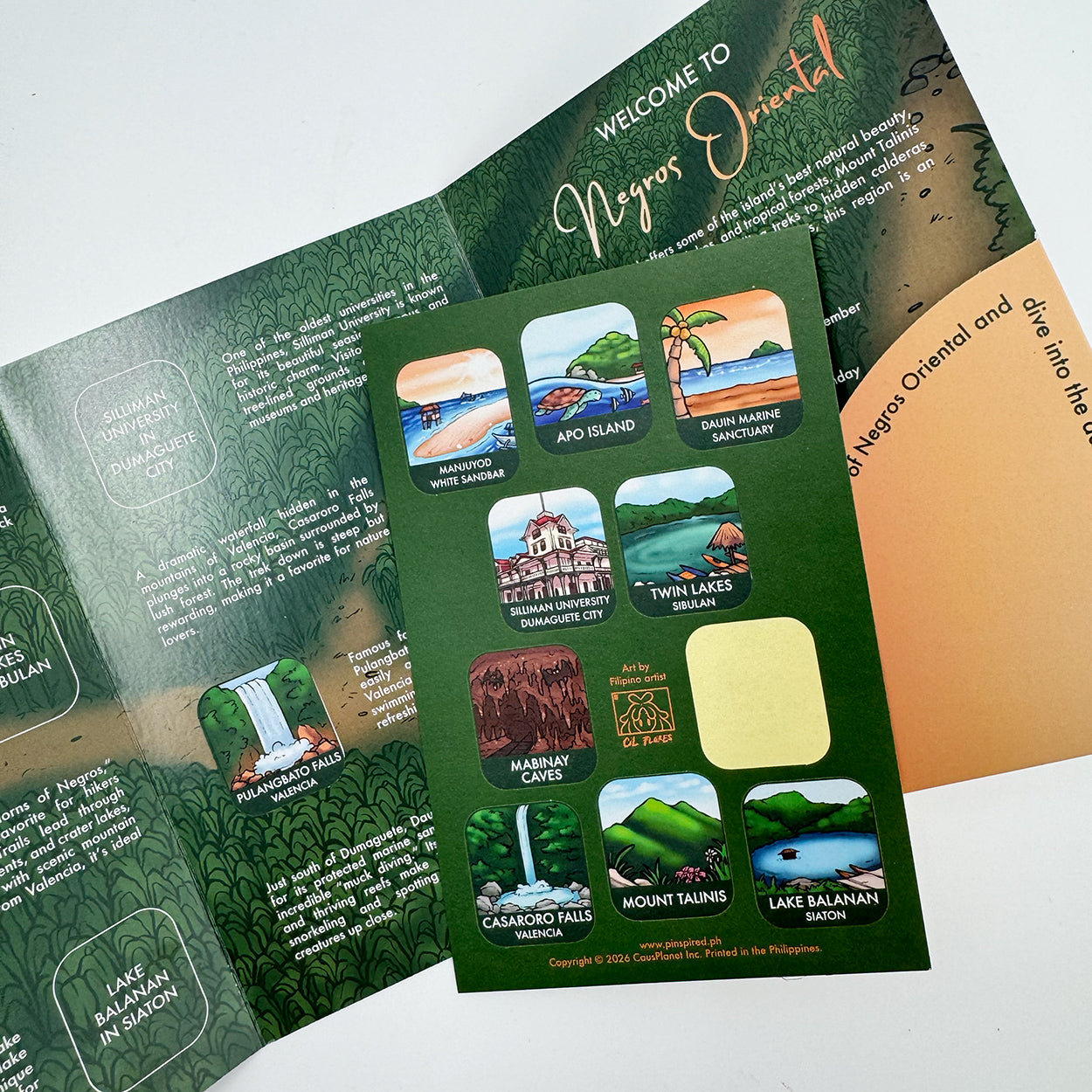 Folder, Pocket, Souvenir, Idea, Gift, Tourist, Travel, Philippines, Filipino Art, Negros Oriental, Silliman University, Dauin Marine Sanctuary, Manjuyod White Sandbar, Casaroro Falls, Pulangbato Falls, Mabinay Caves, Twin Lakes, Lake Balanan, Mount Talinis, Apo Island, Sibulan, Siaton, Bais, Valencia, Dauin, Province, Visaya, Collectible, Trip game, Cil Flores, illustrated, illustration