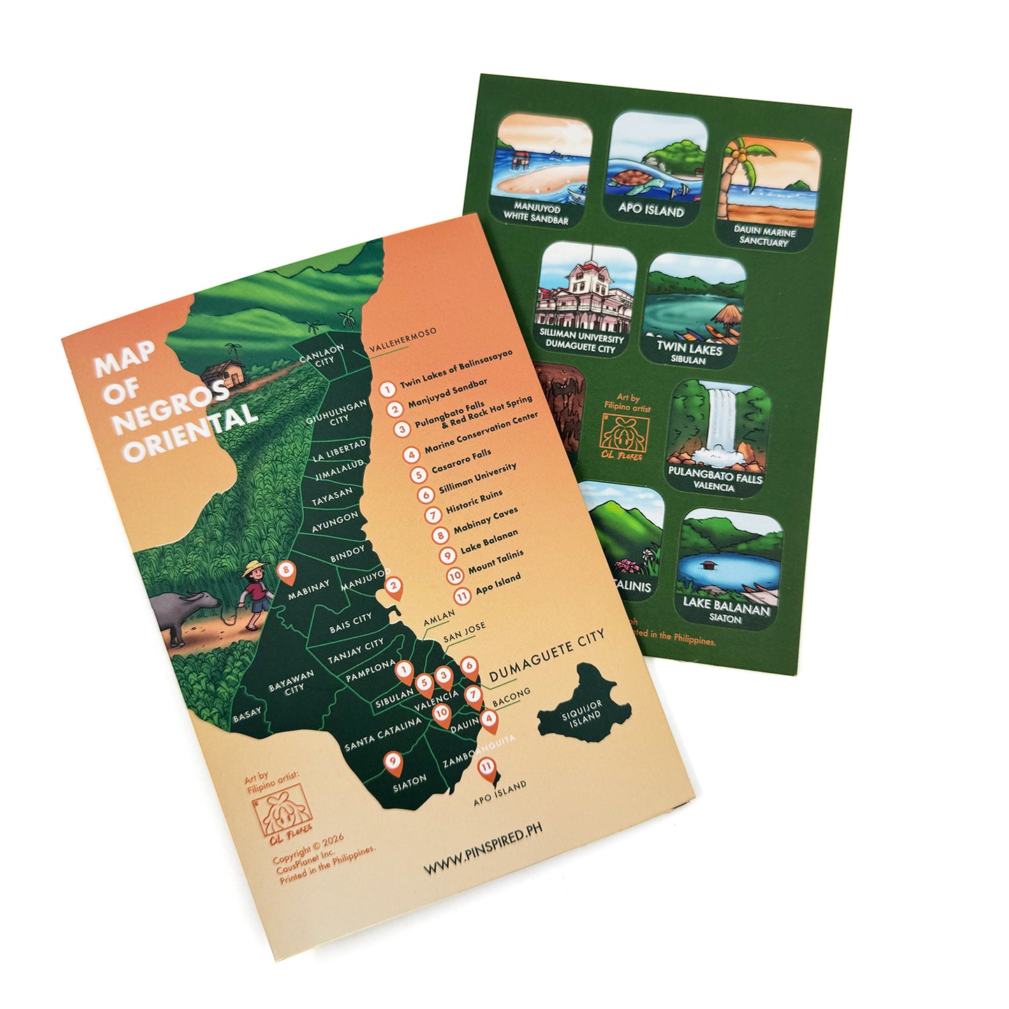 Folder, Pocket, Souvenir, Idea, Gift, Tourist, Travel, Philippines, Filipino Art, Negros Oriental, Silliman University, Dauin Marine Sanctuary, Manjuyod White Sandbar, Casaroro Falls, Pulangbato Falls, Mabinay Caves, Twin Lakes, Lake Balanan, Mount Talinis, Apo Island, Sibulan, Siaton, Bais, Valencia, Dauin, Province, Visaya, Collectible, Trip game, Cil Flores, illustrated, illustration