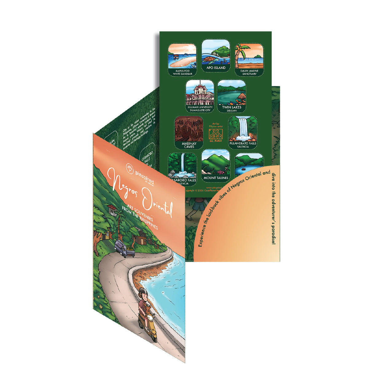 Folder, Pocket, Souvenir, Idea, Gift, Tourist, Travel, Philippines, Filipino Art, Negros Oriental, Silliman University, Dauin Marine Sanctuary, Manjuyod White Sandbar, Casaroro Falls, Pulangbato Falls, Mabinay Caves, Twin Lakes, Lake Balanan, Mount Talinis, Apo Island, Sibulan, Siaton, Bais, Valencia, Dauin, Province, Visaya, Collectible, Trip game, Cil Flores, illustrated, illustration