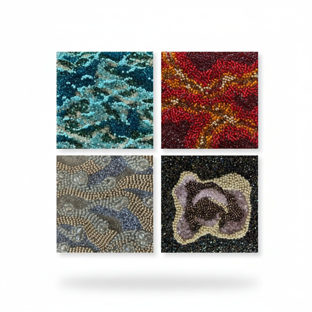 Micra, original artwork, Dumaguete artist, Dumaguete city, textured art works, 4x4 size beads, blue, red, metallic beads, element, beadwork,