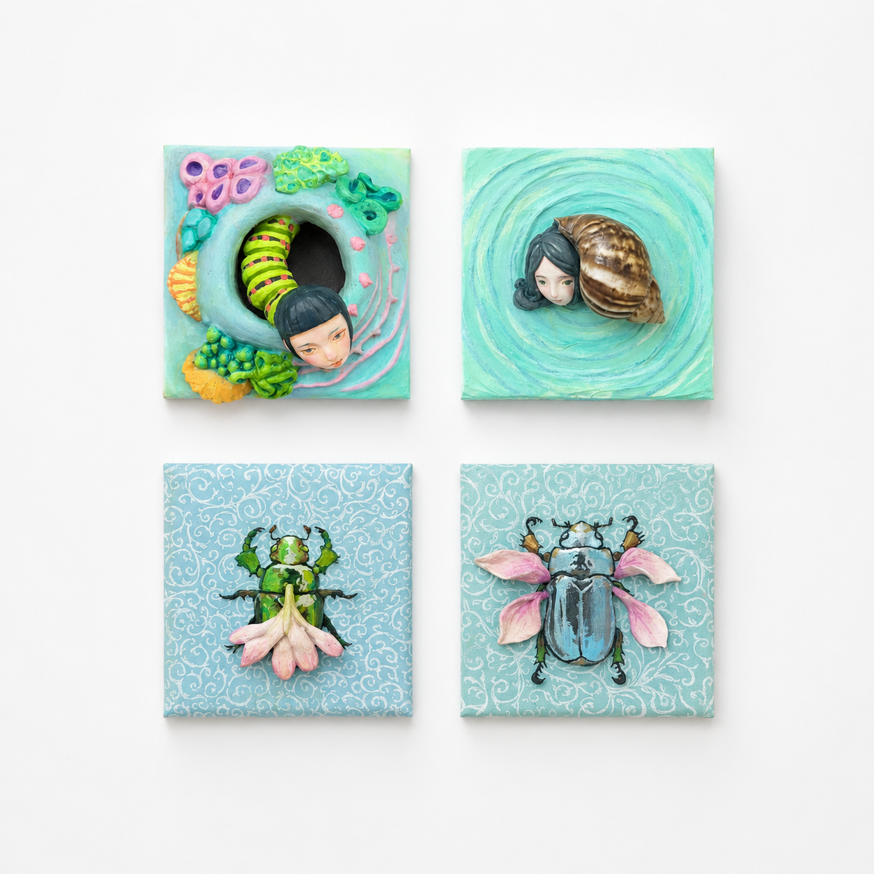 Original artworks by Zjoeie, Dumaguete City, Negros Oriental, Philippines, Filipino artist, mixed media, canvas, mini artwork, authentic, whimsical art, figurative art, girl and caterpillar, seashell, snail, beetles, flowers, pink petals, turquoise background, nature-inspired art, transformation, growth, becoming, creative artwork, wall decor, gift, tourist art, Pinspired Art Gallery, MICRA Art Show, Of Shell, Wings and Becoming.