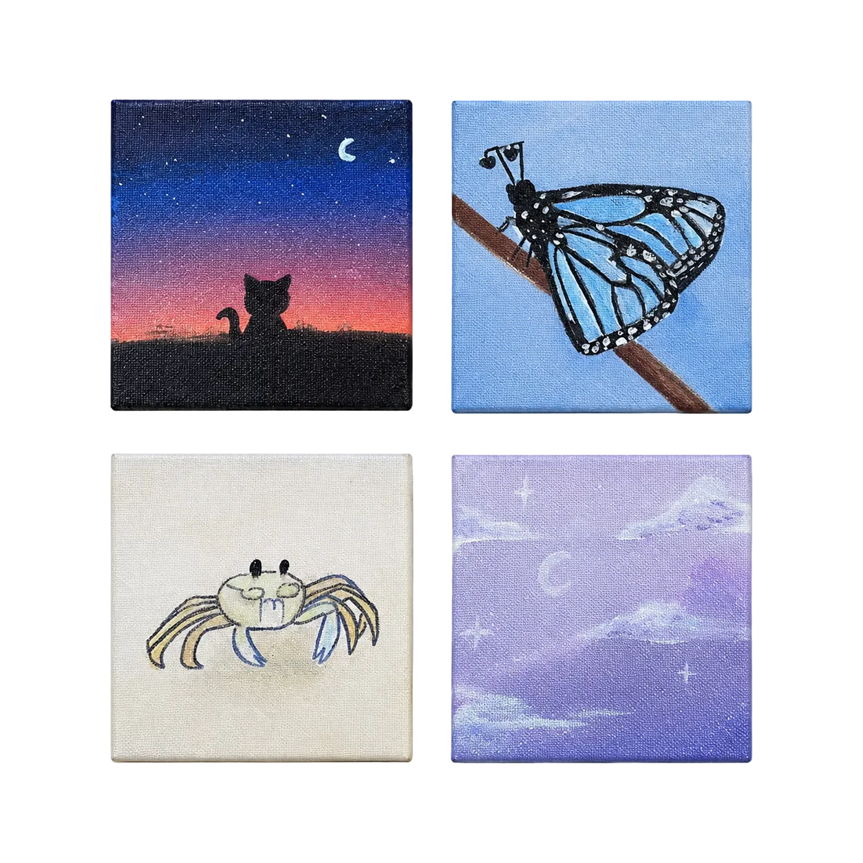Original artwork, Dumaguete City, Negros Oriental, Philippines, Filipino artist Lexa Amelia, acrylic on canvas, mini artwork, authentic, wall decor, gift, nature art, ocean art, marine life, cat silhouette, crescent moon, stars, blue butterfly, butterfly on branch, crab, lavender sky, clouds, dreamy artwork, whimsical art, creative, tourist, Pinspired Art Gallery, MICRA Art Show.