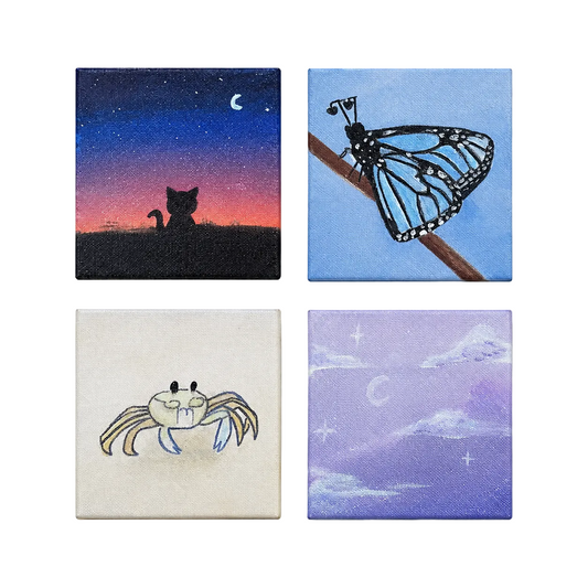 Original artwork, Dumaguete City, Negros Oriental, Philippines, Filipino artist Lexa Amelia, acrylic on canvas, mini artwork, authentic, wall decor, gift, nature art, ocean art, marine life, cat silhouette, crescent moon, stars, blue butterfly, butterfly on branch, crab, lavender sky, clouds, dreamy artwork, whimsical art, creative, tourist, Pinspired Art Gallery, MICRA Art Show.