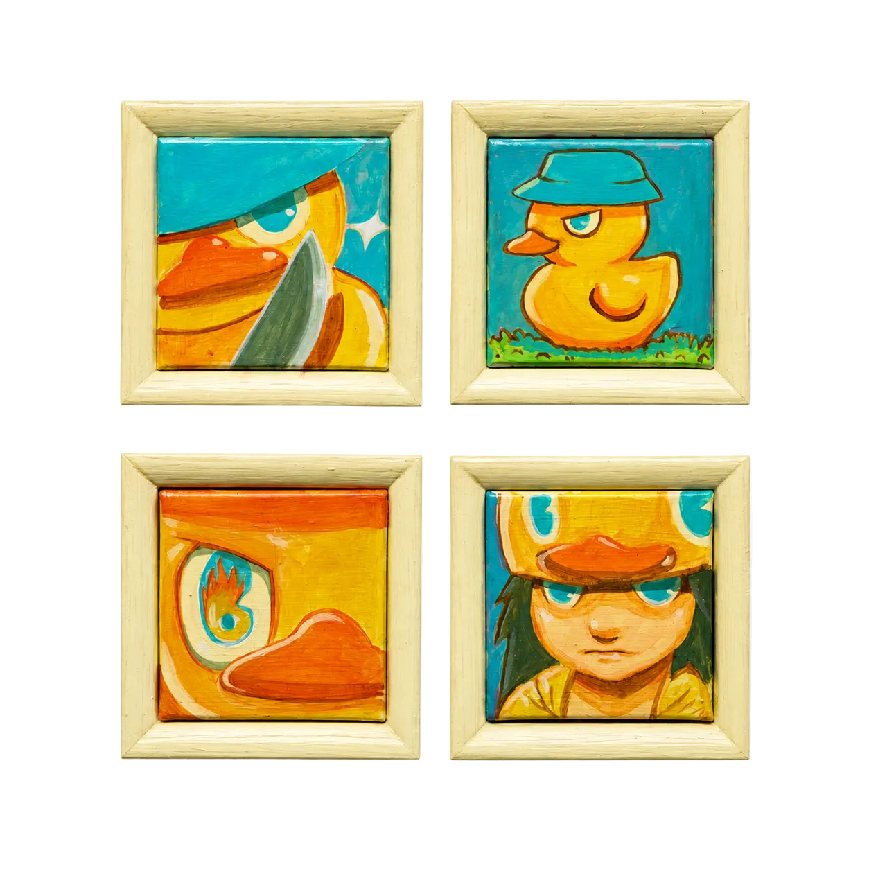 Original artwork, Dumaguete City, Negros Oriental, Philippines, Filipino artist Moshi Dokyo, acrylic on canvas, mini artwork, authentic, wall decor, gift, colorful art, duck art, cartoon duck, yellow duck, playful characters, whimsical art, bold colors, teal blue, orange and yellow, expressive faces, creative, tourist, Pinspired Art Gallery, MICRA Art Show.