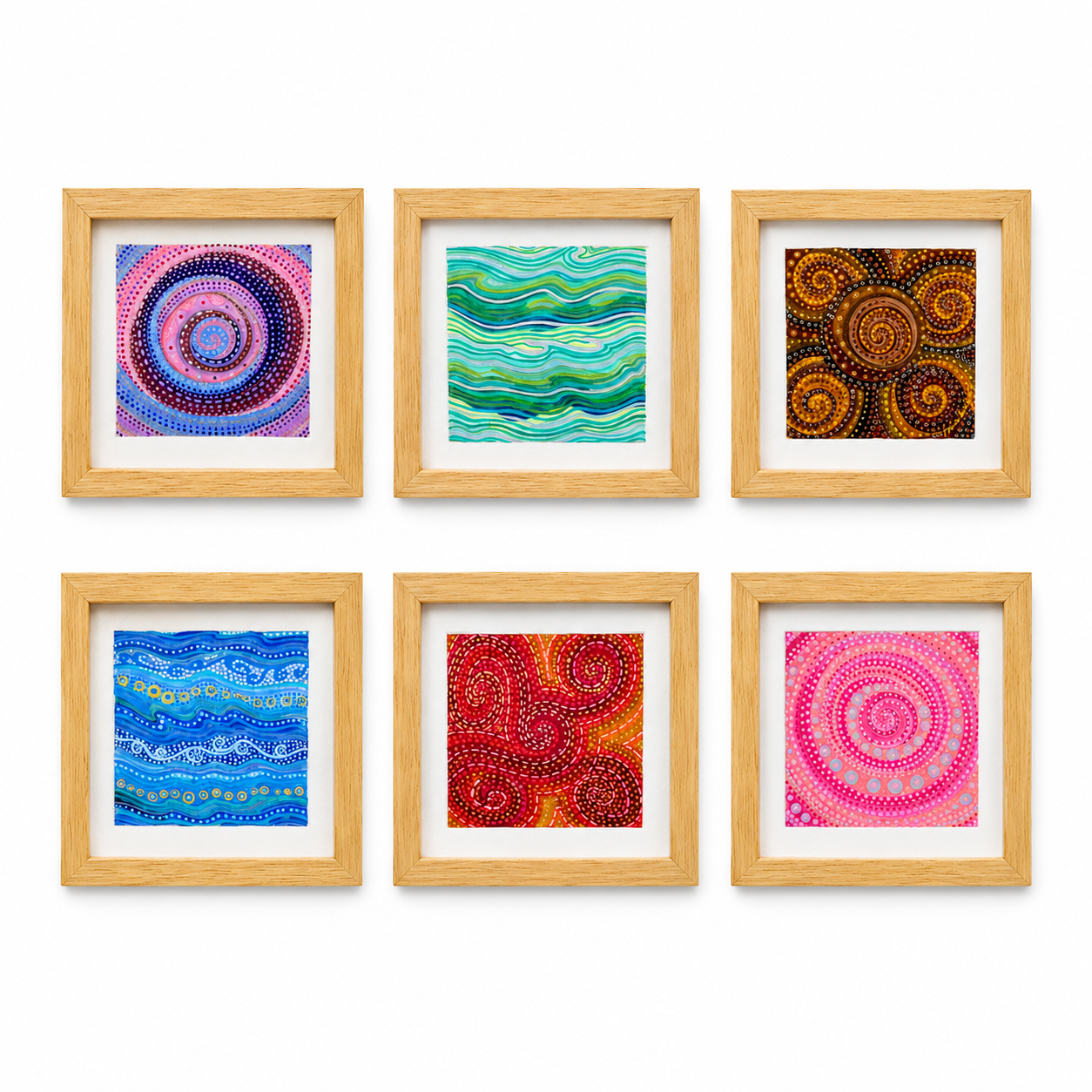 Original artwork, Trina Montenegro, Dumaguete City, Negros Oriental, Philippines, Filipino artist, abstract art, patterned artwork, colorful painting, framed mini artwork, authentic, wall decor, gift, contemporary art, dotted patterns, spiral designs, flowing lines, circles, blue, pink, green, red, orange, Pinspired Art Gallery, MICRA Art Show.