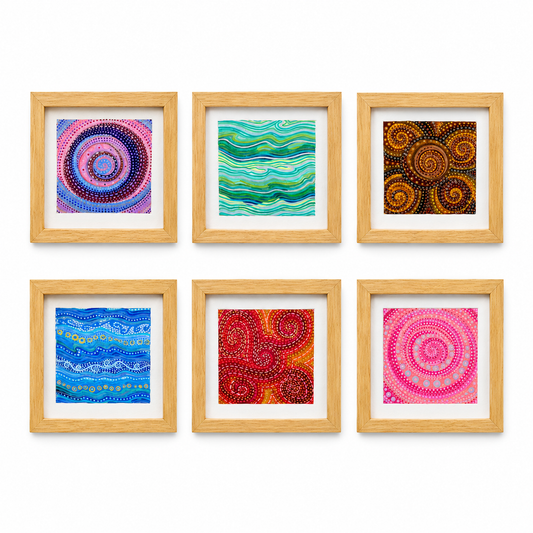 Original artwork, Trina Montenegro, Dumaguete City, Negros Oriental, Philippines, Filipino artist, abstract art, patterned artwork, colorful painting, framed mini artwork, authentic, wall decor, gift, contemporary art, dotted patterns, spiral designs, flowing lines, circles, blue, pink, green, red, orange, Pinspired Art Gallery, MICRA Art Show.