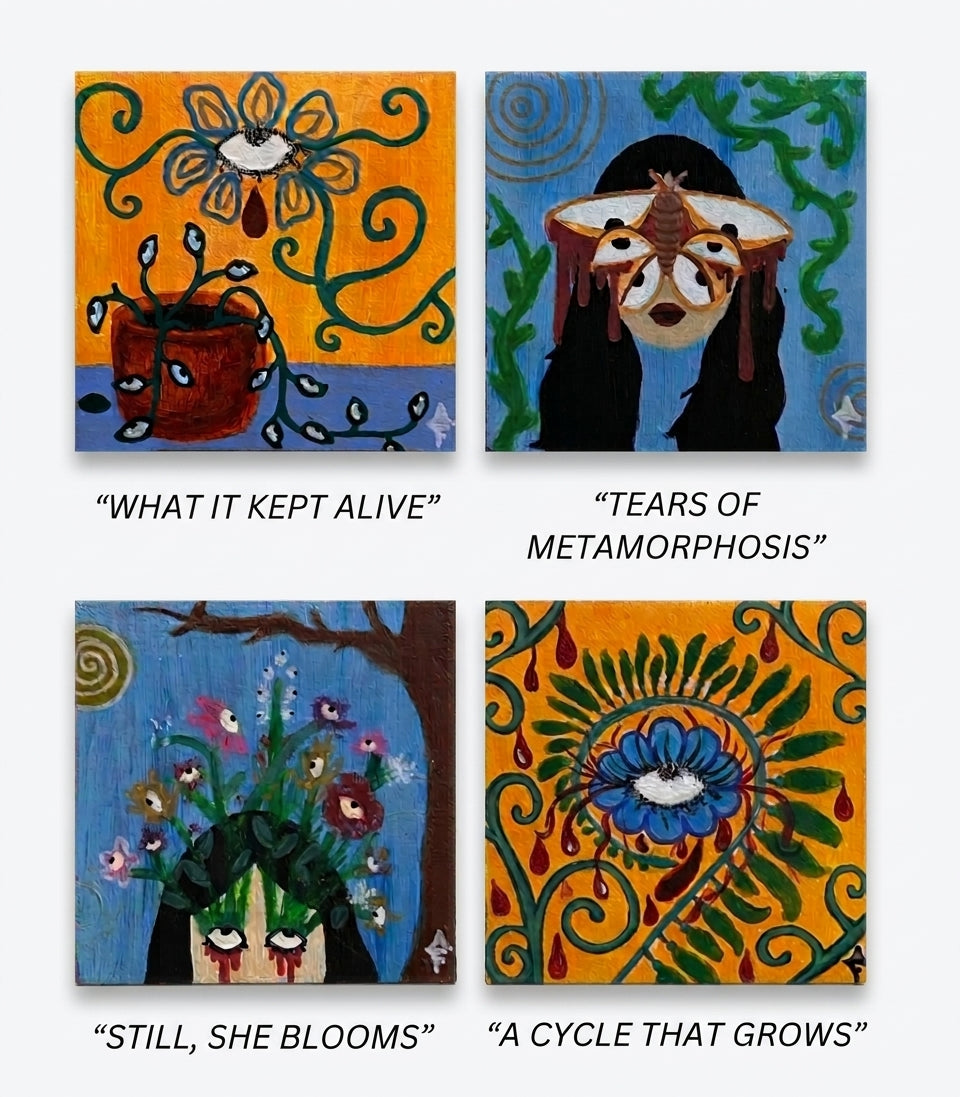 Angelika Faith, Mixed Media on Canvas, Micra flower, yellow, blue. Each print shows a colorful surreal floral illustration with a face and a caption: "WHAT IT KEPT ALIVE," "TEARS OF METAMORPHOSIS," "STILL, SHE BLOOMS," and "A CYCLE THAT GROWS.