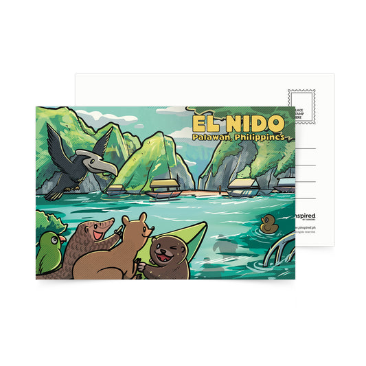 El Nido, critically endangered Philippine Pangolin (scaly anteater), Palawan Hornbill, Palawan Bearcat, Green Sea Turtles, Island Hopping, sparkling water, ocean, cliff, Palawan islands, Philippines, Filipino, Dumaguete City artist, Pinspired, local, artwork, souvenir, card, postcrossing, postcard, vintage, pocket size